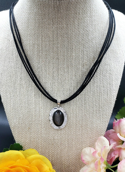 Silver Obsidian Cabochon in Sterling Silver Bezel Necklace